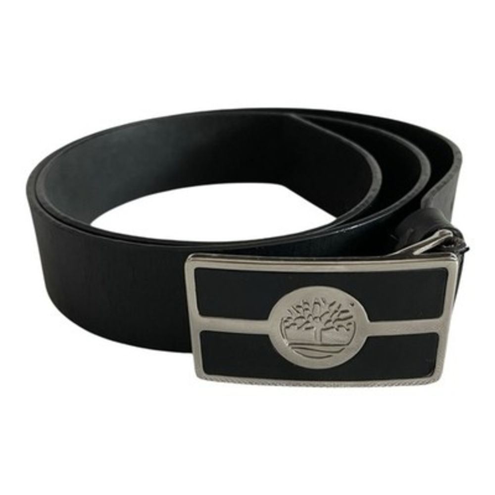 Timberland Mens Black Leather Belt Silver Logo Plaque Buckle Casual Size 40/100